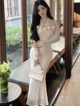 BXOXO party look inspos Elegant Lace Halter Womens Dresses Sexy Mesh Patchwork Long Sleeves Bodycon Mermaid Party Dress Female Casual Vestidos Long Robe